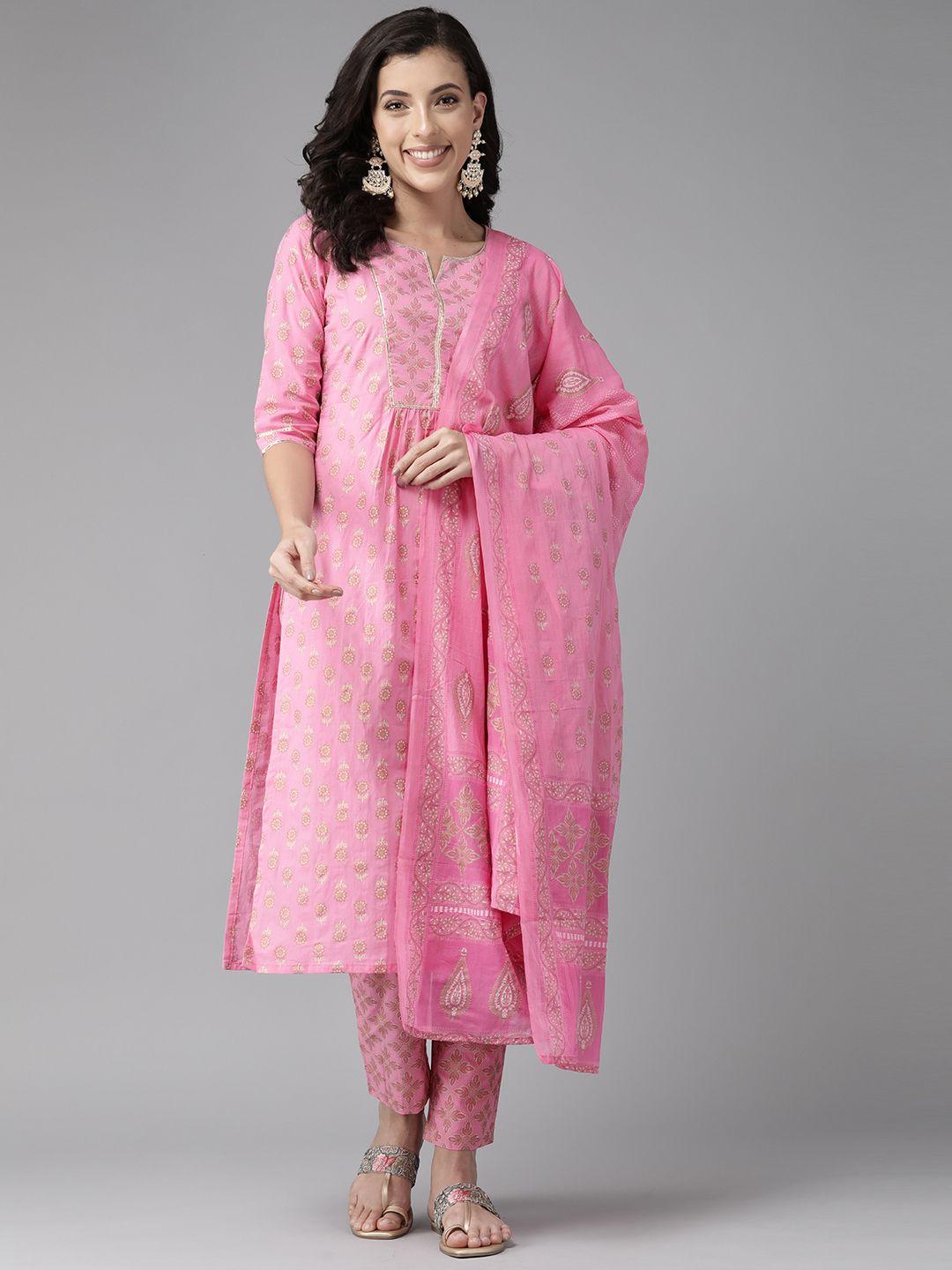 ginni arora label ethnic motifs printed gotta patti cotton kurta with trousers & dupatta