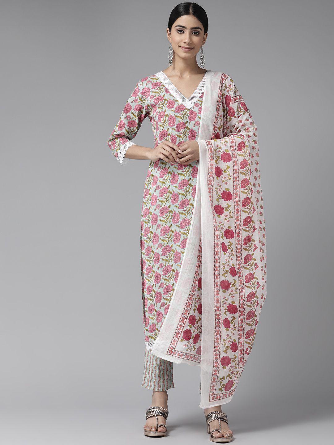 ginni arora label floral printed pure cotton kurta with trousers & dupatta