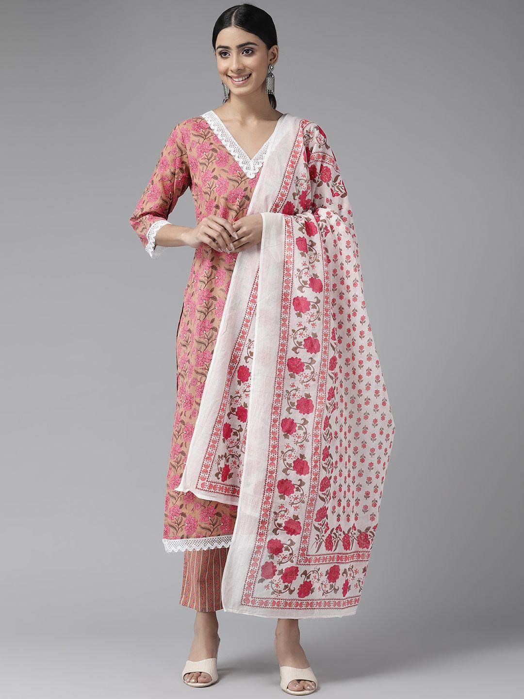 ginni arora label floral printed pure cotton kurta with trousers & dupatta
