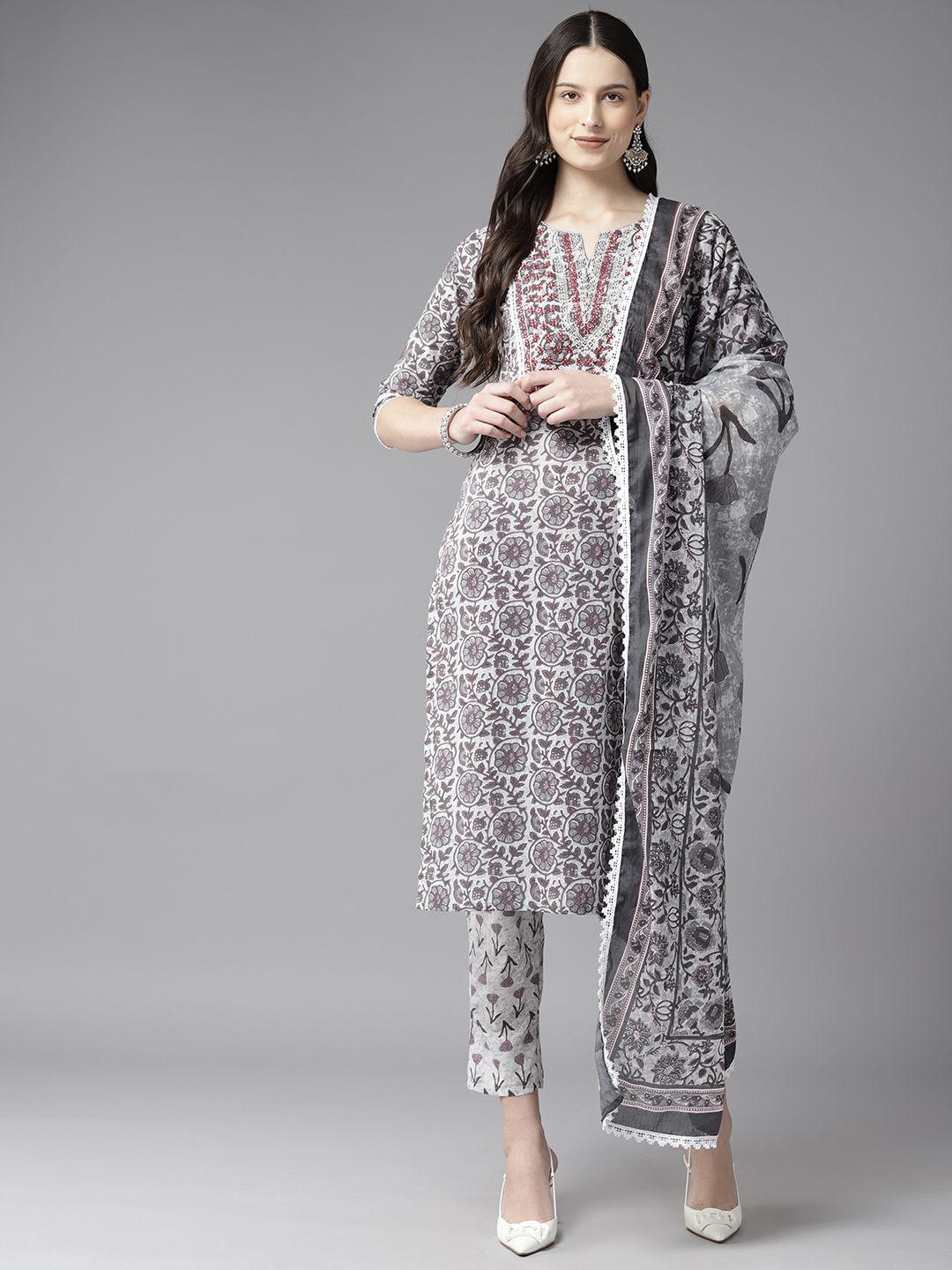 ginni arora label floral printed pure cotton kurta with trousers & dupatta