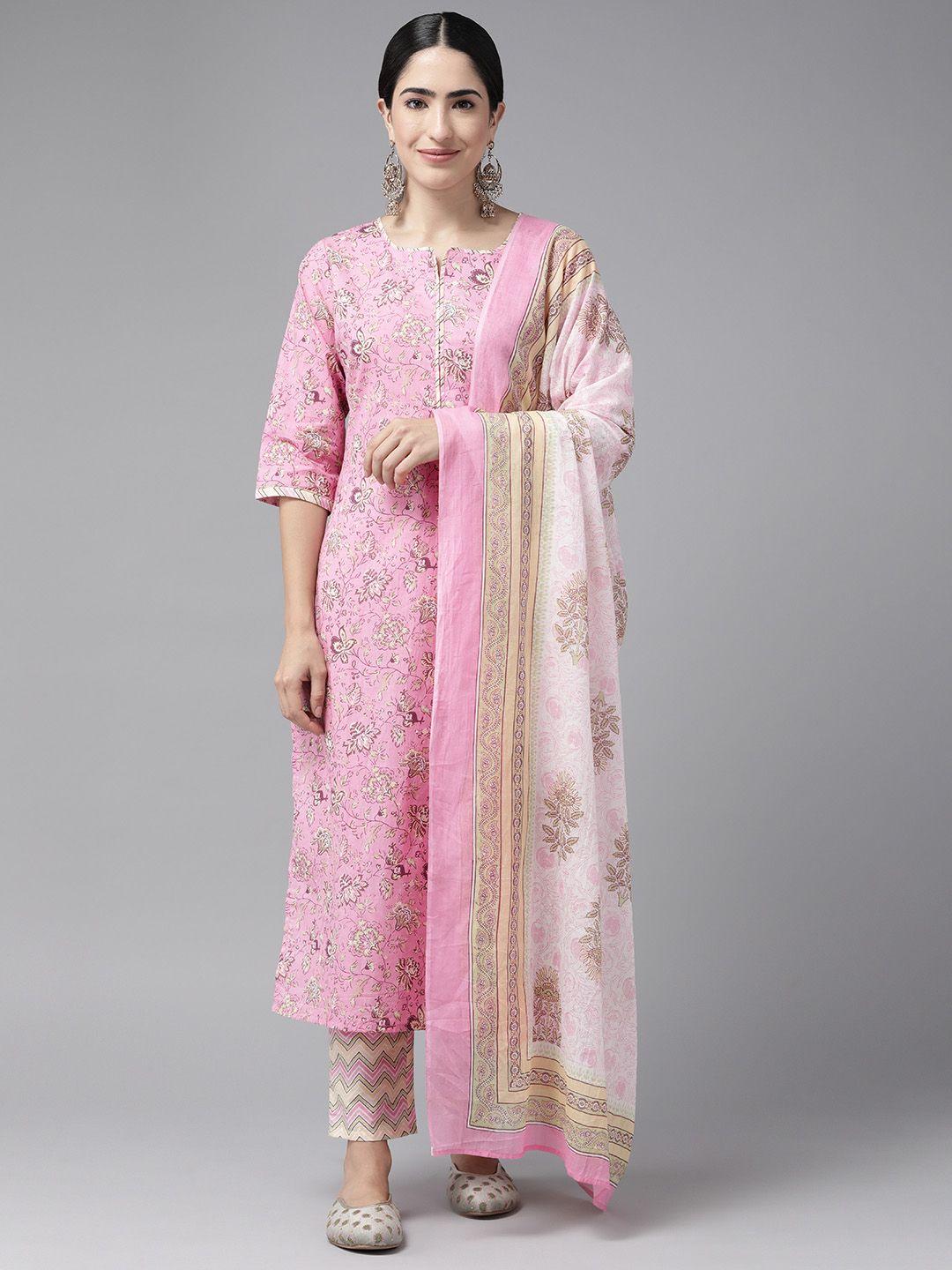 ginni arora label floral printed regular pure cotton kurta with trousers & dupatta