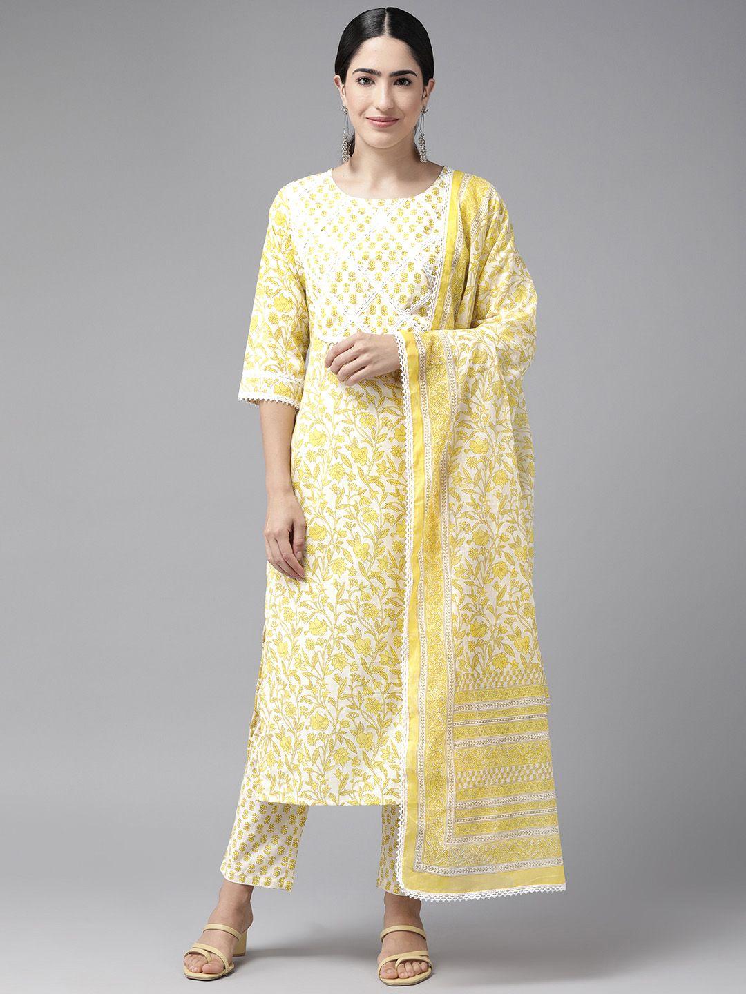 ginni arora label floral printed regular pure cotton kurta with trousers & dupatta