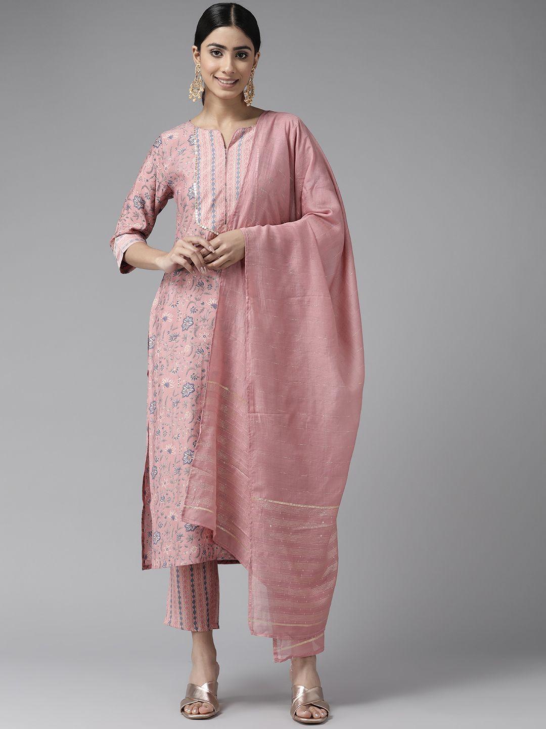 ginni arora label floral printed sequinned chanderi silk kurta with trousers & duaptta