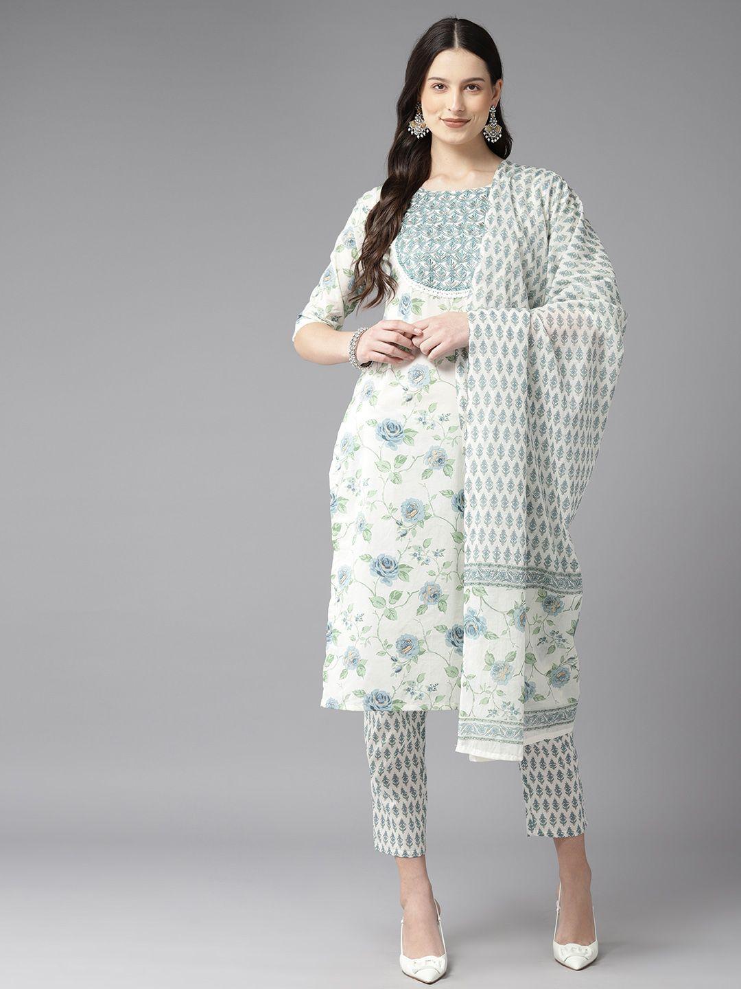 ginni arora label floral printed thread work pure cotton kurta with trousers & dupatta