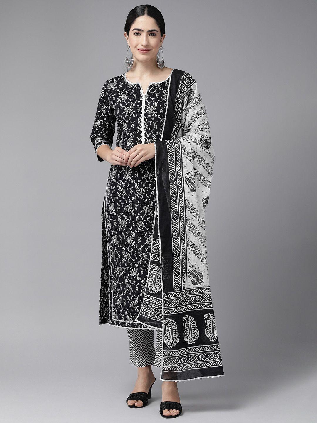 ginni arora label paisley printed regular pure cotton kurta with trousers & dupatta