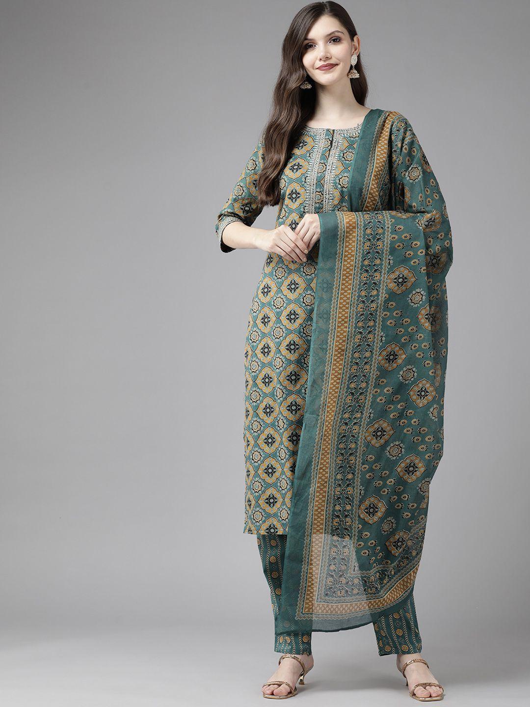 ginni arora label women blue ethnic motifs printed pure cotton kurta with trousers & with dupatta