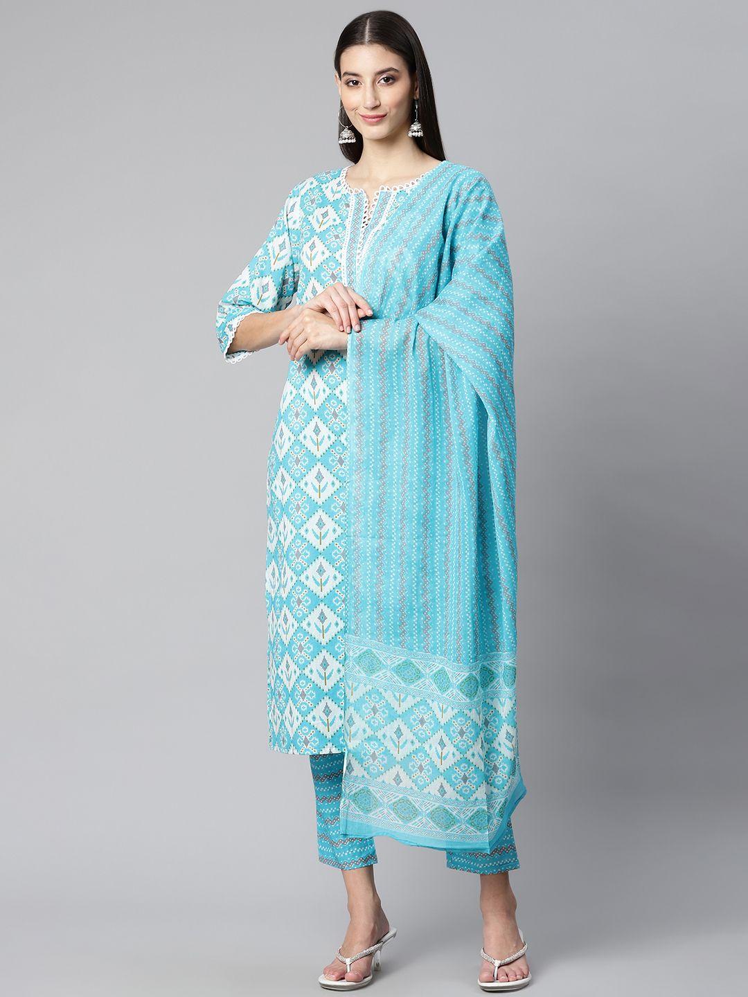 ginni arora label women blue ethnic motifs printed pure cotton kurta with trousers