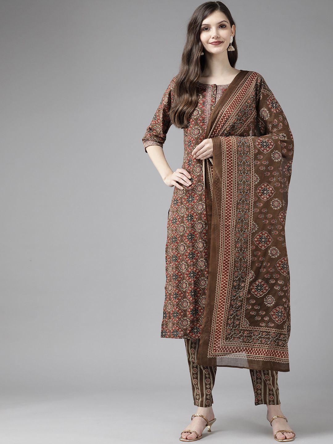 ginni arora label women brown ethnic motifs printed pure cotton kurta with trousers & with dupatta