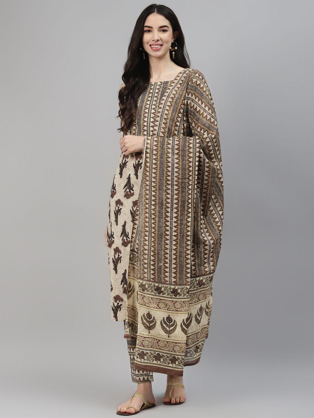 ginni arora label women brown printed regular gotta patti pure cotton kurta with trousers & with dupatta