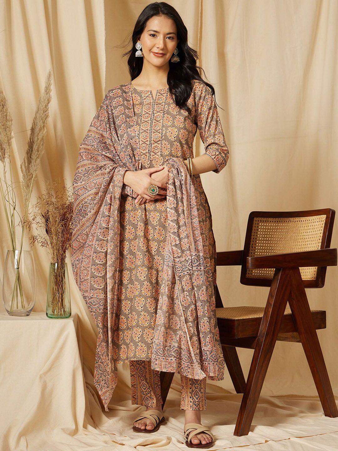 ginni arora label women ethnic motifs printed regular pure cotton kurta with trousers & with dupatta