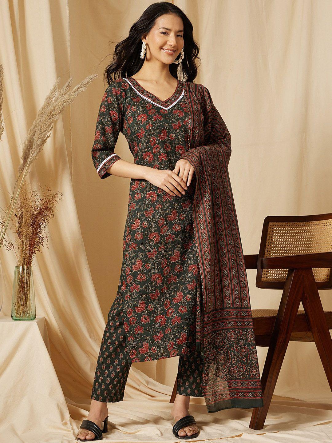 ginni arora label women ethnic motifs printed regular pure cotton kurta with trousers & with dupatta