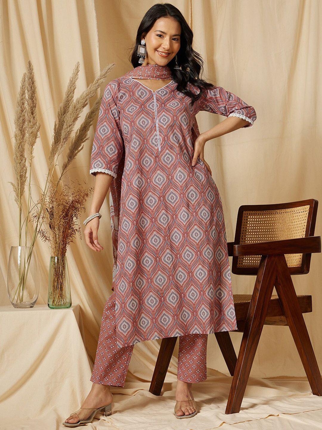 ginni arora label women ethnic motifs printed regular pure cotton kurta with trousers & with dupatta