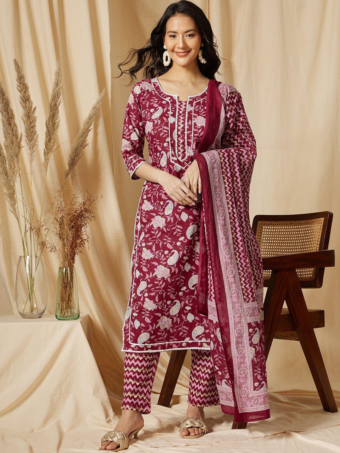 ginni arora label women ethnic motifs printed regular pure cotton kurta with trousers & with dupatta