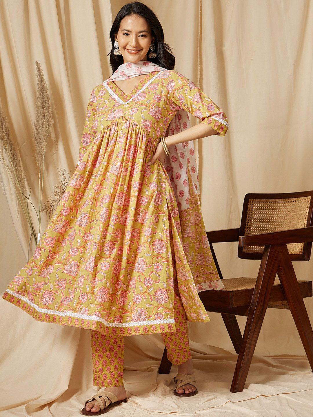 ginni arora label women floral printed pleated pure cotton kurta with trousers & with dupatta