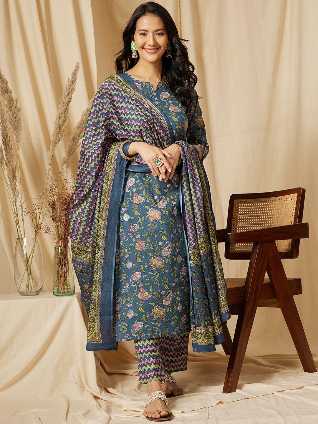 ginni arora label women floral printed regular pure cotton kurta with palazzos & with dupatta