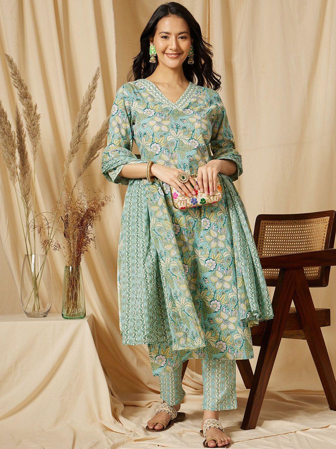 ginni arora label women floral printed regular pure cotton kurta with trousers & with dupatta