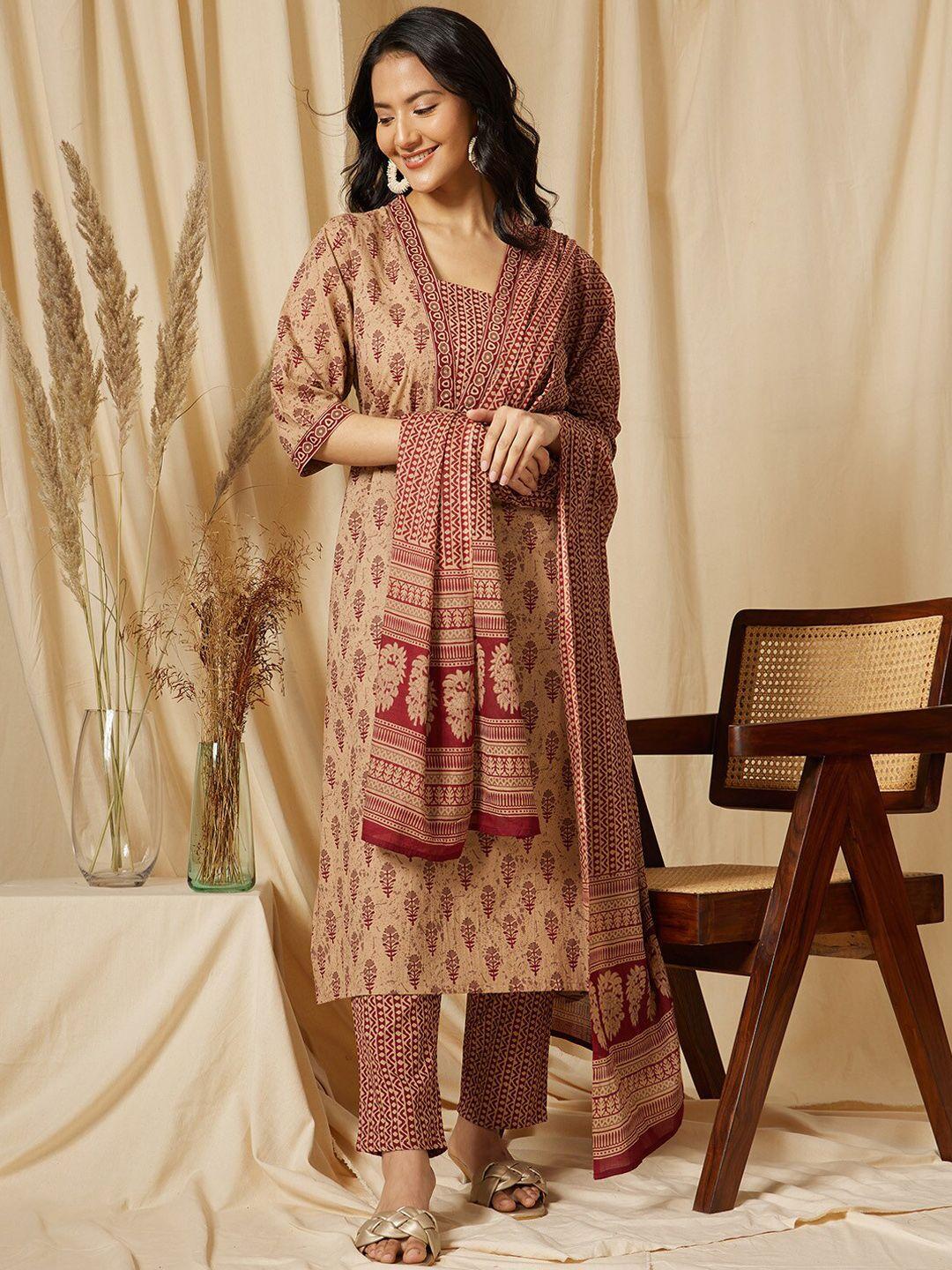 ginni arora label women floral printed regular pure cotton kurta with trousers & with dupatta