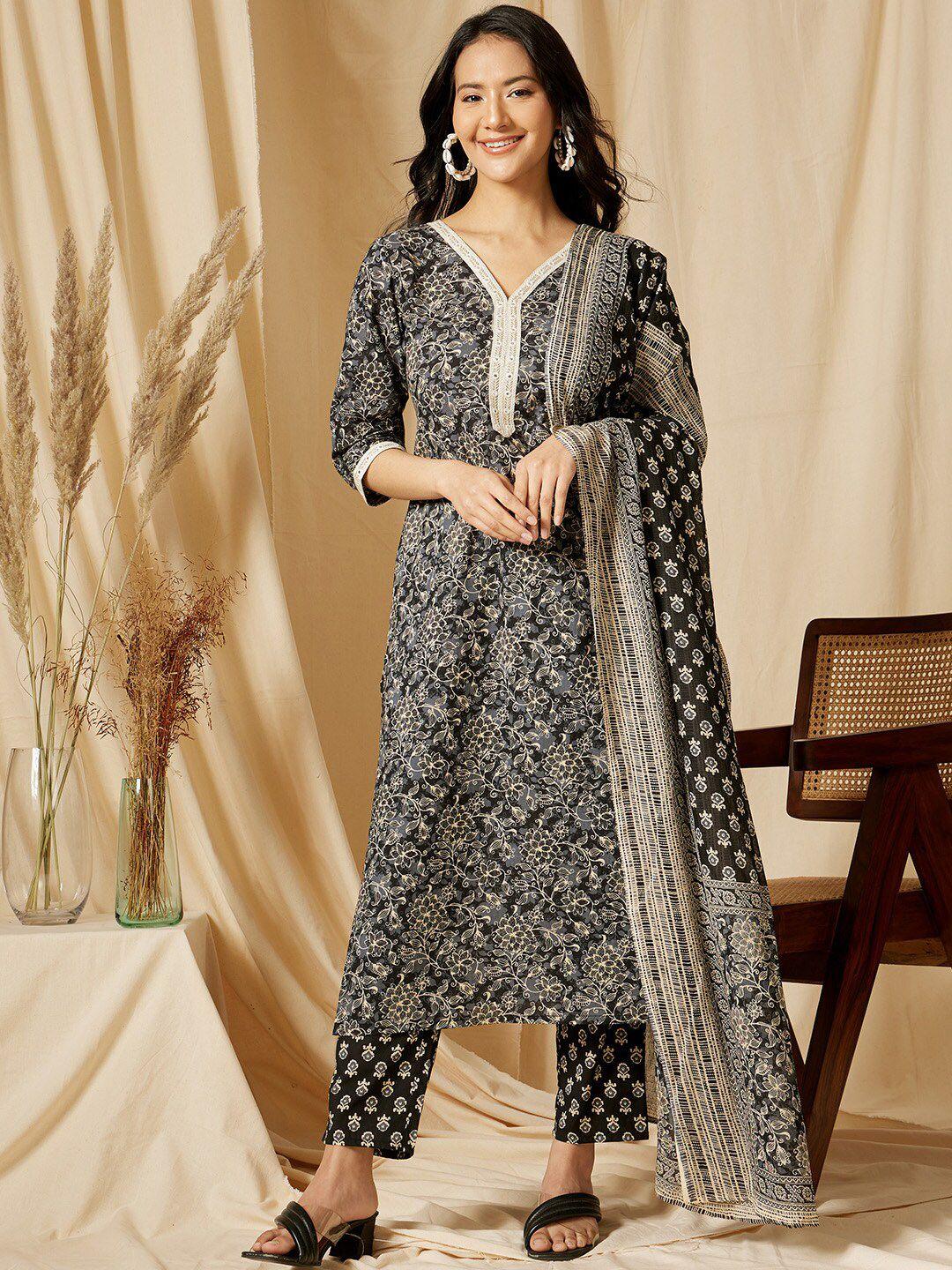 ginni arora label women floral printed regular sequinned pure cotton kurta with trousers & with dupatta