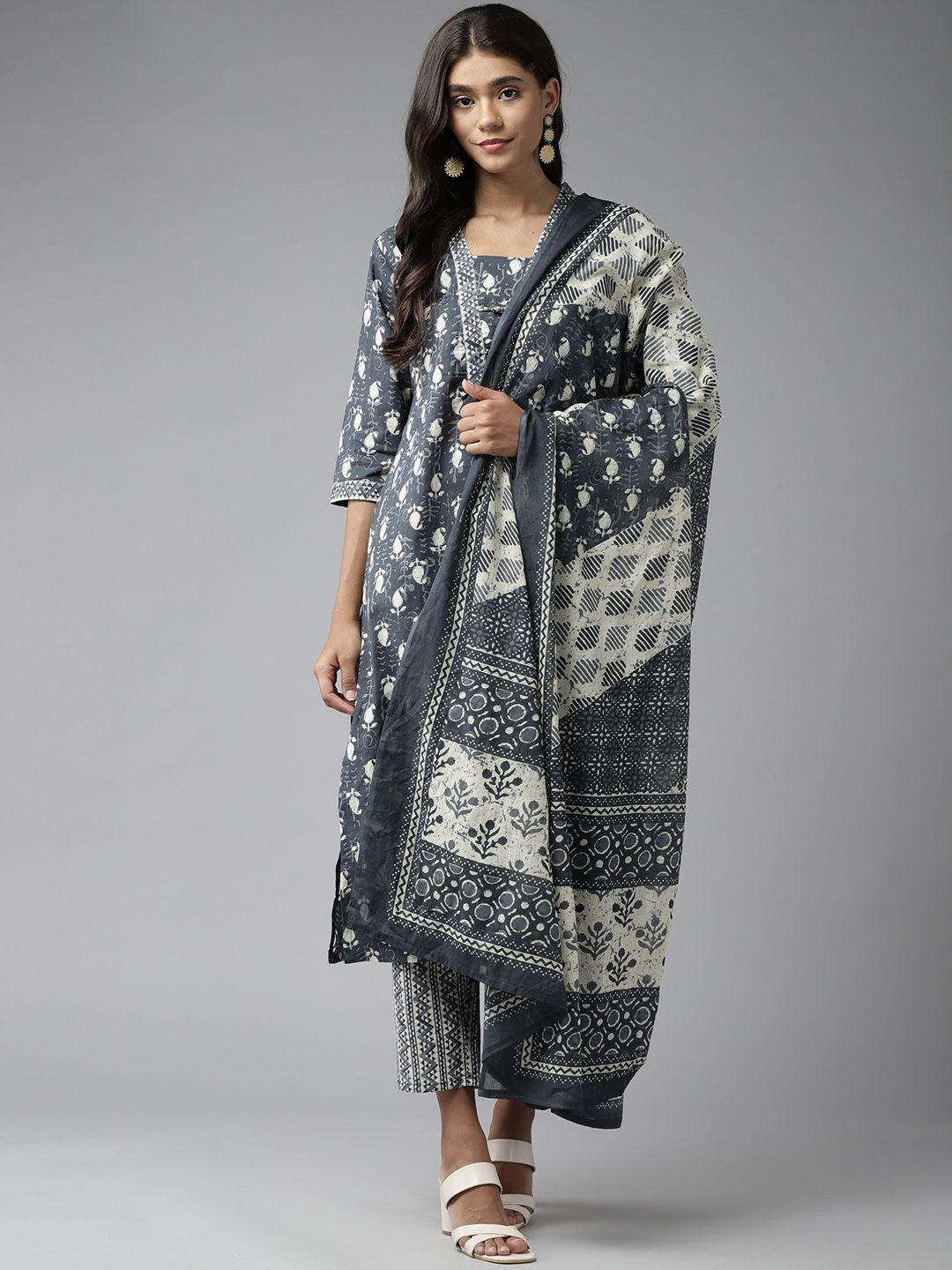 ginni arora label women grey ethnic motifs printed pure cotton kurta with trousers & with dupatta