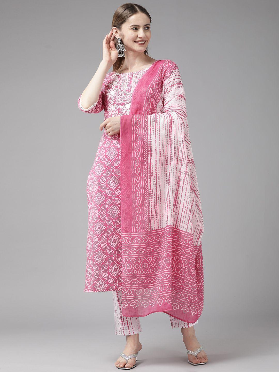 ginni arora label women pink ethnic motifs printed pure cotton kurta with trousers & with dupatta