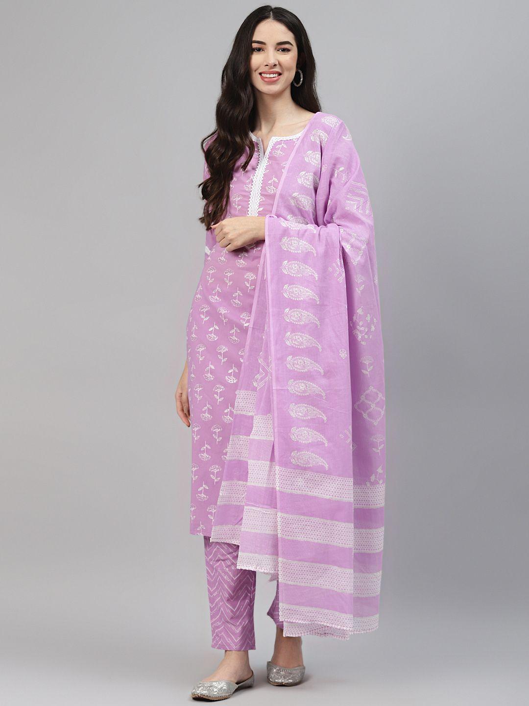 ginni arora label women purple printed regular pure cotton kurta with trousers & with dupatta