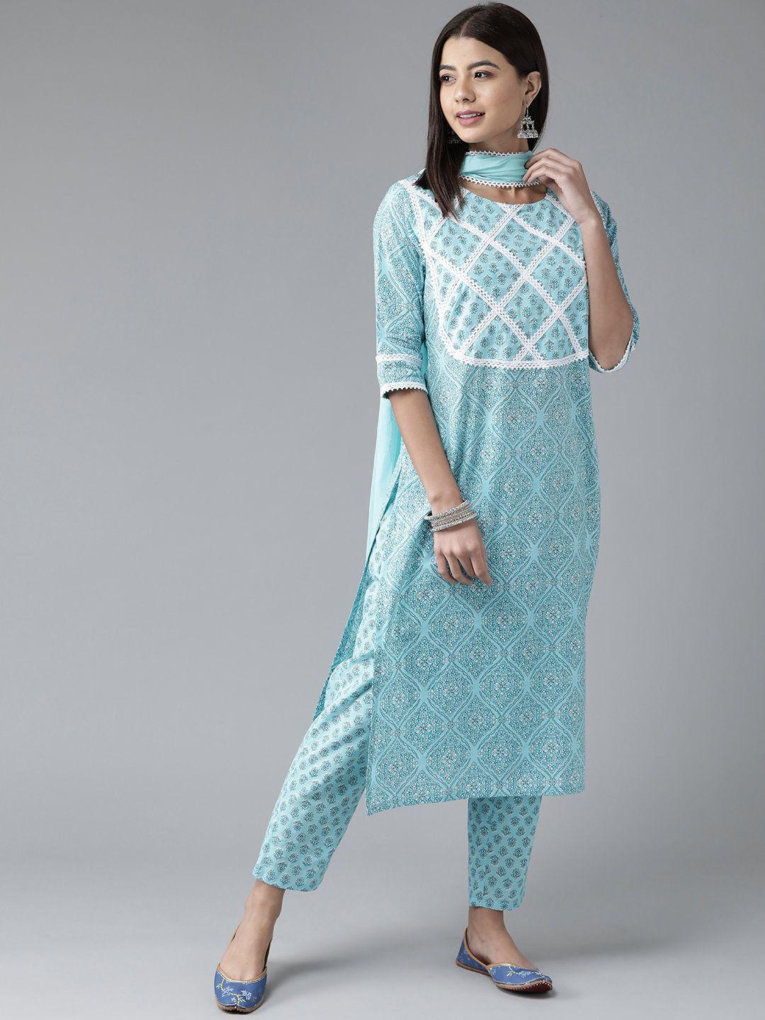 ginni arora label women turquoise blue ethnic motifs printed kurta with trousers & dupatta