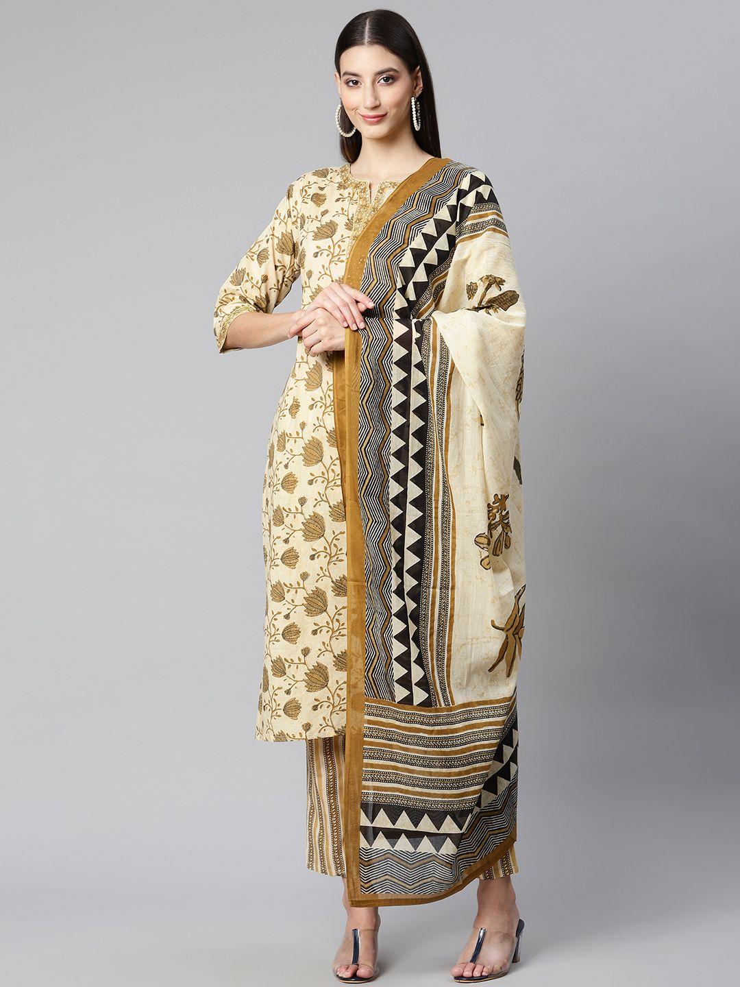 ginni arora label women yellow ethnic motifs printed pure cotton kurta with trousers & with dupatta