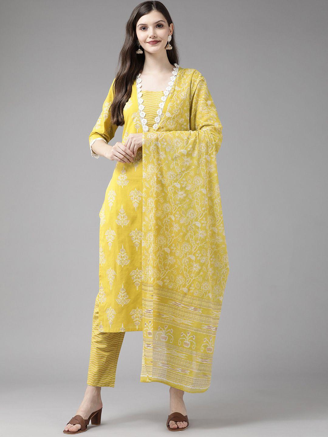 ginni arora label women yellow ethnic motifs printed pure cotton kurta with trousers & with dupatta