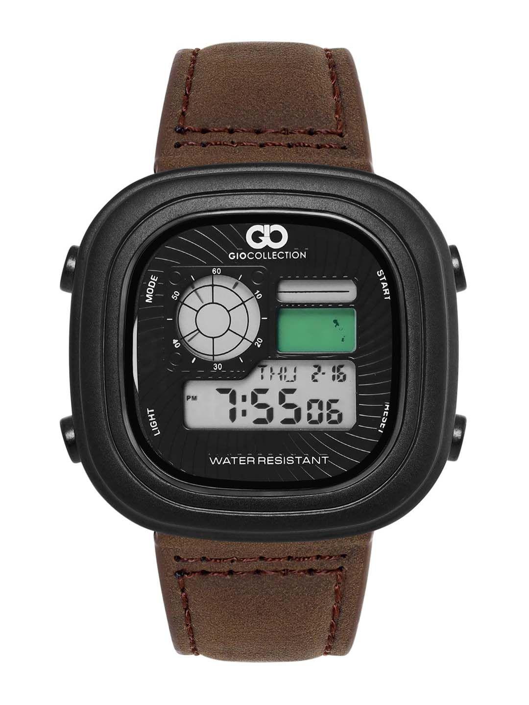 gio collection men black dial & brown leather straps digital watch