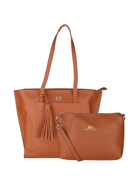 gio collection tan solid tote handbag with pouch