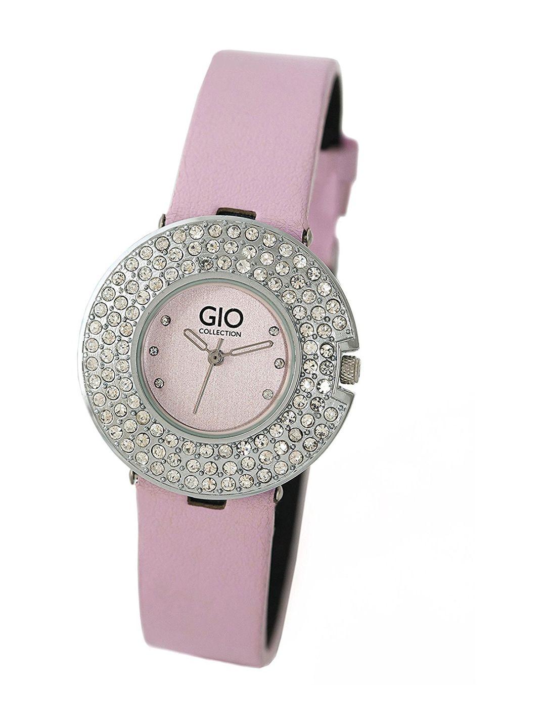 gio collection women silver-toned & pink analogue embellished watch