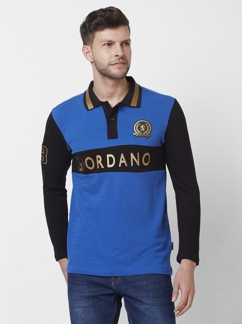 giordano blue cotton slim fit colour block polo t-shirt