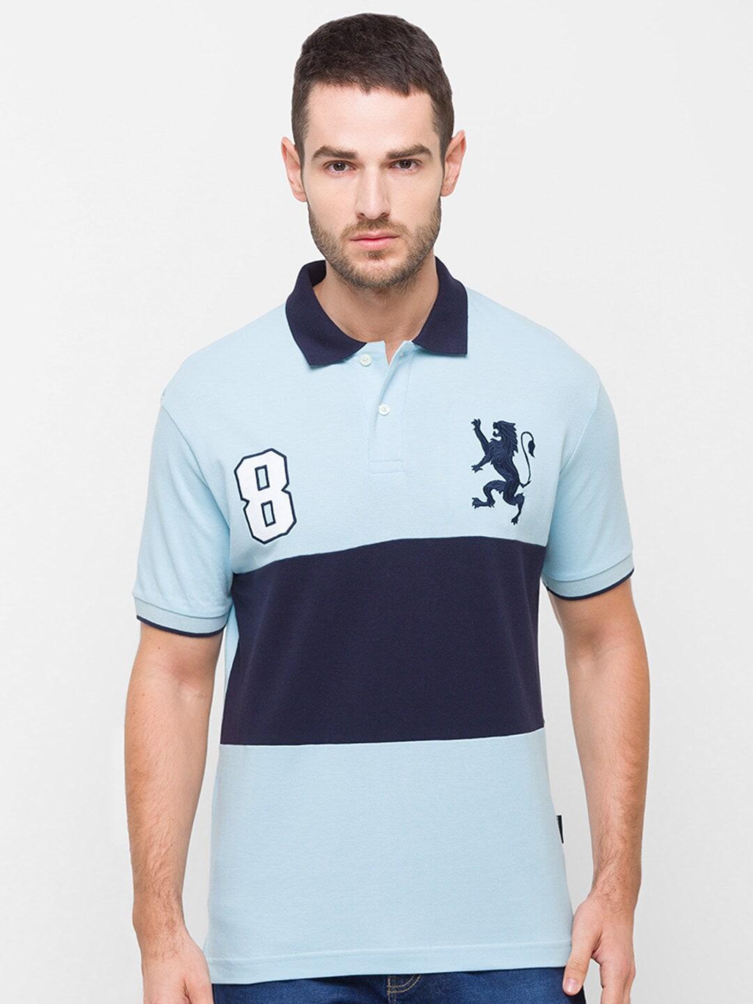 giordano men blue colourblocked polo collar applique slim fit cotton t-shirt