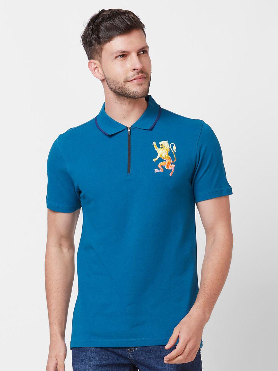 giordano men blue polo collar pure cotton applique slim fit t-shirt