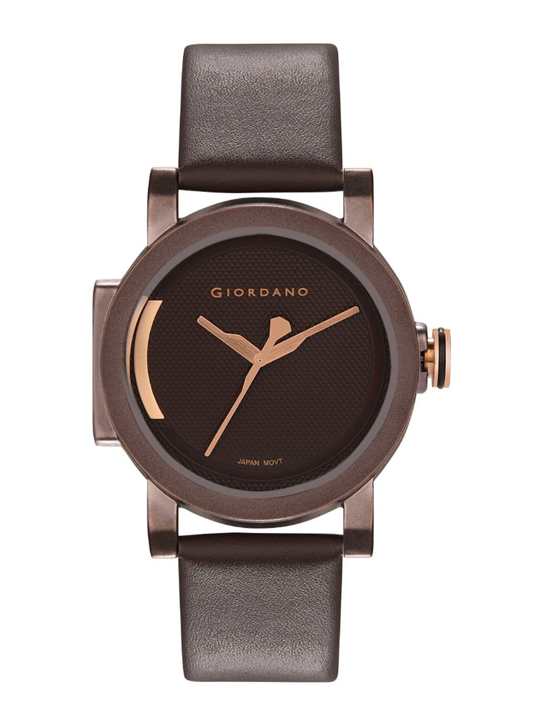 giordano men brown brass dial & brown leather straps analogue watch - gd-4063-03