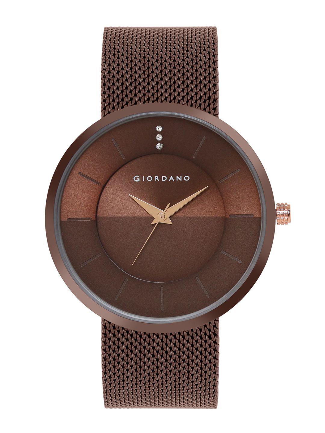 giordano men brown dial & brown stainless steel bracelet style straps analogue watch