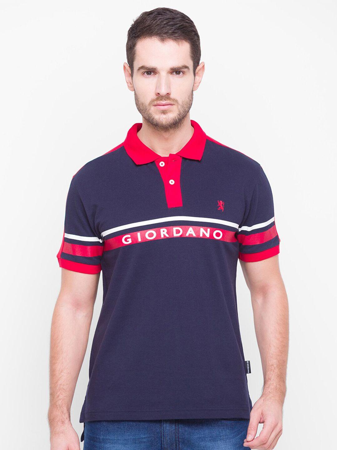 giordano men navy blue & red brand logo print cotton polo collar slim fit t-shirt