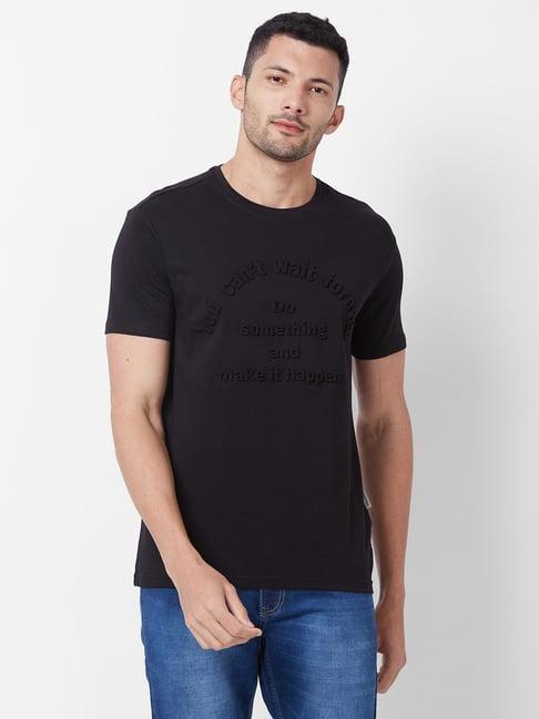 giordano black cotton slim fit self pattern t-shirt