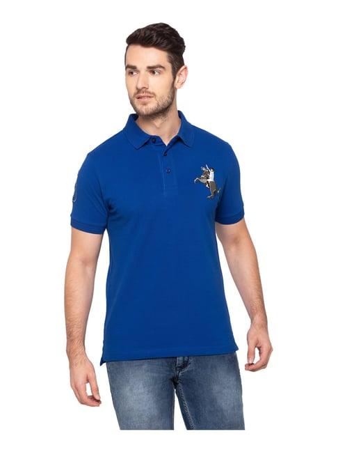 giordano blue cotton comfort fit embroidered polo t-shirt