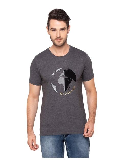 giordano dark grey cotton comfort fit printed t-shirt