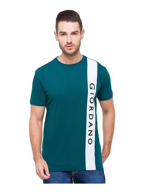 giordano deep teal cotton slim fit logo printed t-shirt