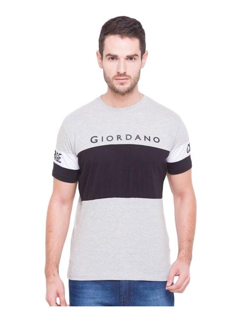 giordano grey & black cotton slim fit colour block t-shirt