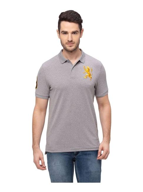 giordano grey cotton comfort fit embroidered polo t-shirt