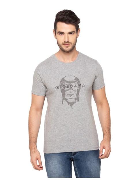 giordano grey cotton comfort fit printed t-shirt