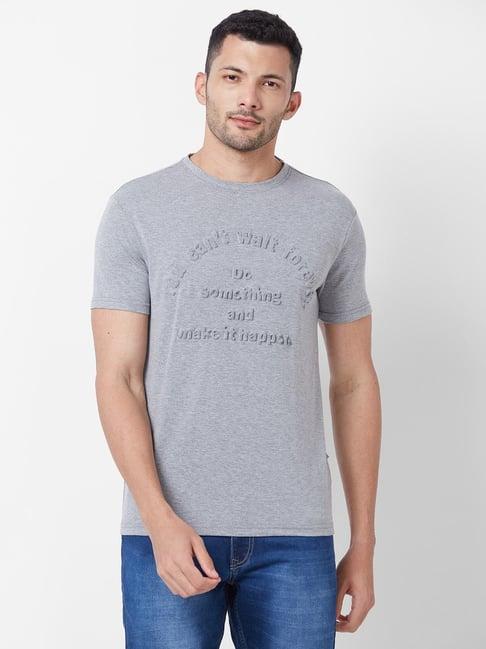 giordano grey melange cotton slim fit self pattern t-shirt