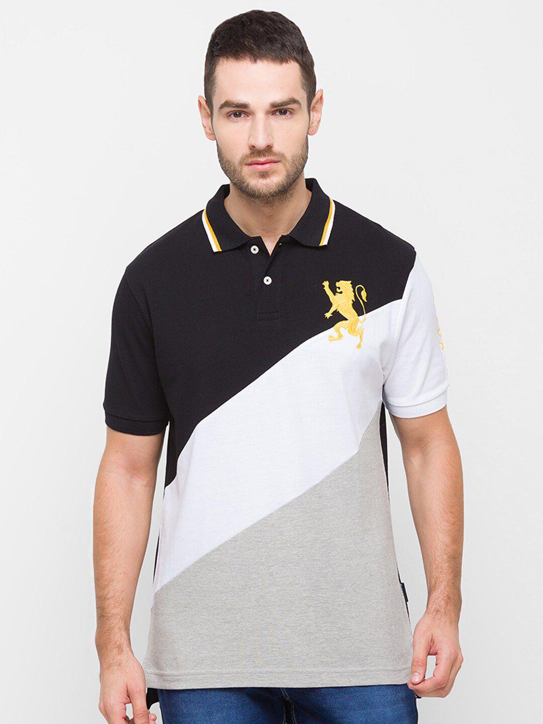 giordano men black & white colourblocked polo collar slim fit cotton t-shirt