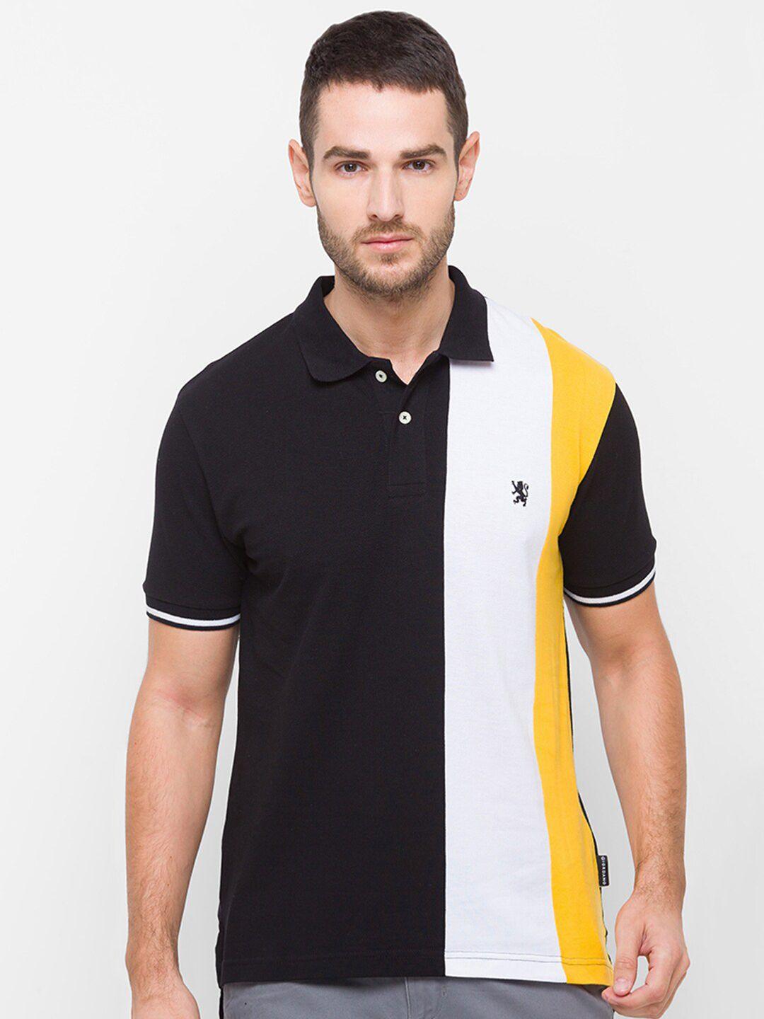 giordano men black & white colourblocked polo collar slim fit cotton t-shirt