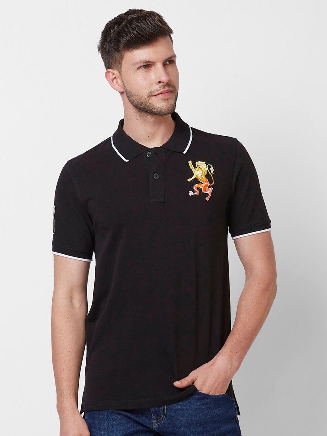 giordano men black polo collar pure cotton applique slim fit t-shirt