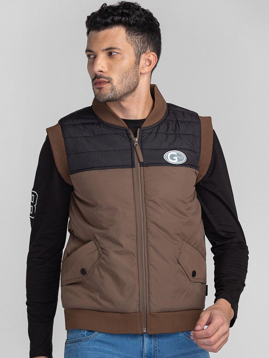 giordano men brown colourblocked lightweight padded jacket with patchwork