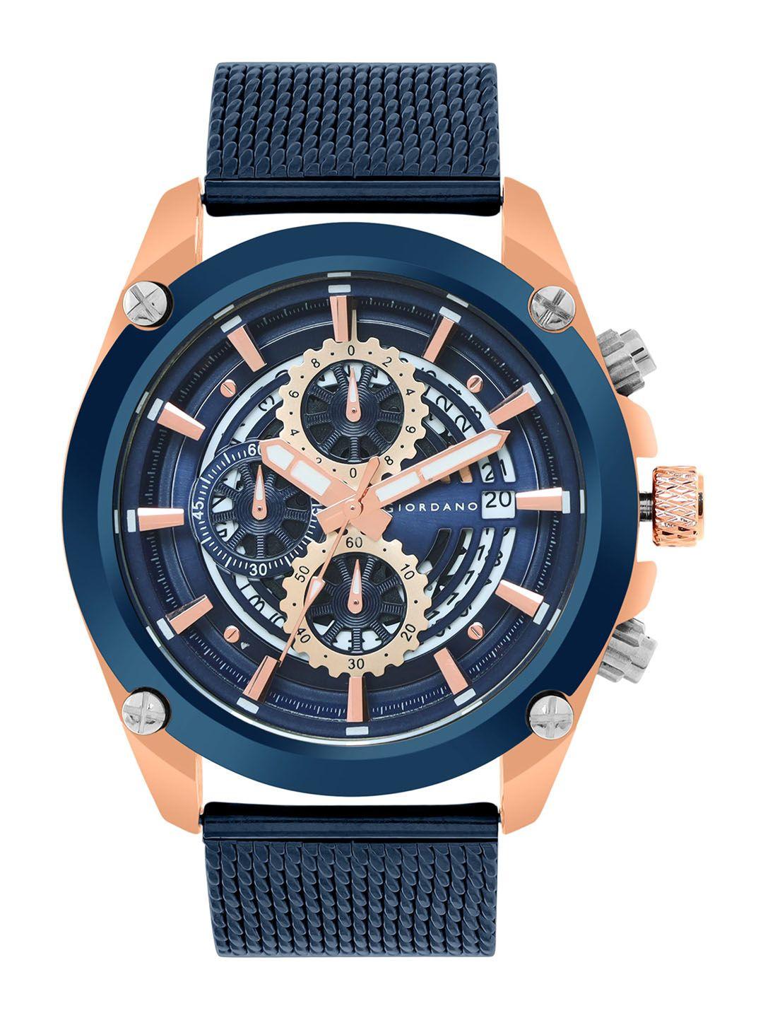 giordano men copper-toned skeleton dial & blue textured straps analogue watch